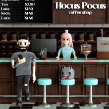 COFFEE SHOP. Traditional illustration, 3D, Art Direction, Br, ing, Identit, Character Design, Interior Architecture, 3D Animation, 3D Modeling, Concept Art, and 3D Design project by Guillermo Tejeda - 09.27.2021