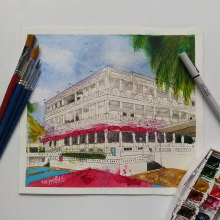 Hotel Tequendama Inn - Buenaventura. Traditional illustration, Architecture, Pencil Drawing, Drawing, Watercolor Painting, Artistic Drawing & Instagram project by Ricardo Wíswell Gómez - 08.23.2021