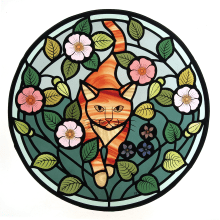 Ginger Cat and Wild Roses Circular Stained Glass Window. Interior Decoration project by Flora Jamieson - 12.07.2021