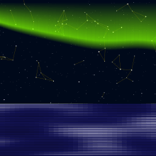 Creative coding: the aurora borealis on a starry night above a moonlit ocean. Motion Graphics, Multimedia, and JavaScript project by Joris Janssens - 01.23.2022