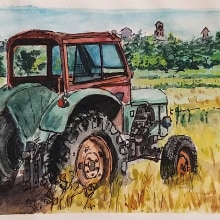 Tractor en Tordesillas. Traditional illustration, Fine Arts, L, scape Architecture, and Watercolor Painting project by Moises Torrado Franco - 02.28.2022