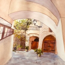 Visiting Durnstein, Austria - the City Hall and Church. Sketching, Drawing, Architectural Illustration, Sketchbook & Ink Illustration project by Susan Singer - 07.11.2022