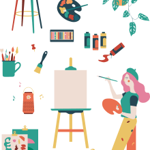 Painting studio stationary. Un proyecto de Ilustración tradicional, Diseño gráfico, Packaging, Ilustración vectorial, Ilustración digital y Diseño de papelería				 de Marwa Hayat - 12.10.2022