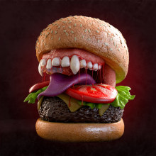 Monster Burger. Traditional illustration, Advertising, 3D, Art Direction, Lighting Design, 3D Character Design, Food St, and ling project by Luis Yrisarry Labadía - 10.31.2022