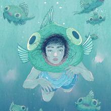 Swimming Fish-Head. Un proyecto de Ilustración y Diseño de personajes de Elena G. Bansh - 24.11.2022
