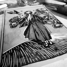 Rurouni Kenshin (Linocut Printmaking). Design, Ilustração, Artesanato, Artes plásticas, Comic, Estampagem e Ilustração com tinta projeto de Javier Gentili - 10.01.2023