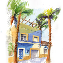 Haus in Spanien. Traditional illustration, Drawing, Watercolor Painting, and Realistic Drawing project by dannyknebel - 03.15.2023