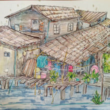 My project for course: Expressive Architectural Sketching with Colored Markers   Houses on the klong in Bangkok. Sketching, Drawing, Architectural Illustration, Sketchbook & Ink Illustration project by Helena Maria - 03.28.2023