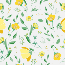 yellow spring flowers - pattern design. Design, Traditional illustration, Packaging, Paper Craft, Pattern Design, Vector Illustration, Textile Illustration, and Botanical Illustration project by Francesca Del Vecchio - 05.02.2023
