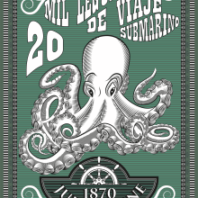 Portada de Libro, 20 mil leguas de viaje submarino. Un proyecto de Ilustración tradicional, Ilustración digital y Grabado de rolandocallejas007 - 15.06.2023