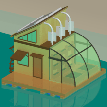 Floating Cabin Design: Eco & Self Sufficient. Un proyecto de Diseño, 3D, Bocetado, Concept Art, Diseño de videojuegos y Sketchbook de Anaïs Garre Barallat - 12.04.2023