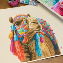 Watercolour Painting + Process - Camel with Colourful Pompoms. Traditional illustration, and Watercolor Painting project by Lyndsay Stephenson - 07.23.2023