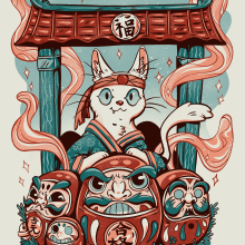 Good Luck Daruma Kitty - My project for course: Monetize your Illustrations by Transforming them into Products. Traditional illustration, Marketing, Digital Illustration, Digital Drawing, and Business project by catieraart - 08.20.2023