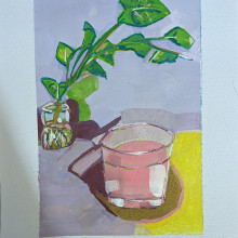 Pink glass & green leaves: Gouache painting. Fine Arts, Painting, Color Theor, and Gouache Painting project by Salmiah Akhtar - 08.29.2023