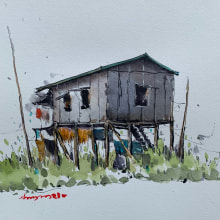 Houses of Inn Lay Lake, Myanmar ( watercolor with pen ). Esboçado, Desenho, Pintura em aquarela, Sketchbook e Ilustração com tinta projeto de Nay Aung - 14.09.2023