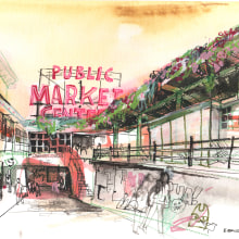 Pike Place Market. Un proyecto de Pintura, Bocetado, Dibujo a lápiz, Dibujo, Pintura a la acuarela, Dibujo artístico, Sketchbook, Ilustración con tinta y Dibujo con lápices de colores de eleanor doughty - 19.09.2023