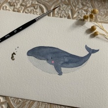 Rencontre entre un hippocampe géant et une petite baleine. Pintura em aquarela e Ilustração infantil projeto de Karine Beucler - 29.10.2023