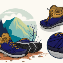 Hiking Boots. Mi proyecto del curso: Ilustración digital para diseño industrial Decathlon Quechua. Un proyecto de Diseño industrial, Diseño de producto e Ilustración digital de Alberto Montoya - 18.01.2024
