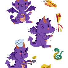 Kawaii Dragon baby sticker set. Un proyecto de Ilustración tradicional, Diseño de personajes y Manga de Алена Журавская - 30.01.2024
