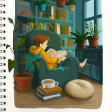 Cozy reading nook . Character Design, Drawing, Digital Illustration, Children's Illustration, and Digital Drawing project by Ulrike Niedlich - 02.16.2024
