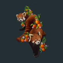 RED PANDAS AND ORANGE TREES. Painting, Creativit, Drawing, Digital Illustration, and Artistic Drawing project by Chloé - 12.14.2023