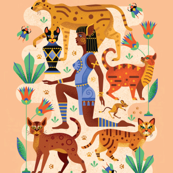 Egyptian goddess Bastet. Un proyecto de Diseño, Ilustración tradicional, Diseño de personajes, Diseño gráfico, Pattern Design, Ilustración vectorial, Creatividad, Dibujo, Diseño de carteles, Ilustración digital, Dibujo artístico, Diseño digital, Dibujo digital e Ilustración naturalista				 de Aronne Nembrini - 26.02.2023