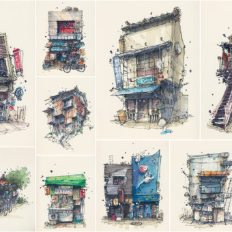 Series of house sketches done in Januari '23. Ilustração tradicional projeto de Albert Kiefer - 01.05.2023