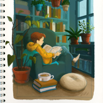 Cozy reading nook . Un proyecto de Diseño de personajes, Dibujo, Ilustración digital, Ilustración infantil y Dibujo digital de Ulrike Niedlich - 16.02.2024