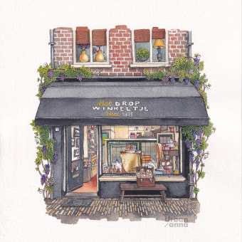 Candy shop in Sneek. Drawing, Watercolor Painting, and Architectural Illustration project by Urban Anna - 03.03.2024