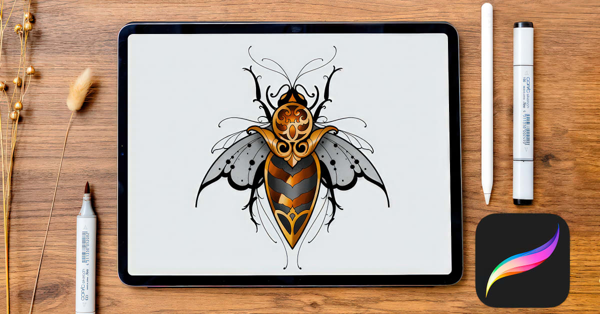 Artistic Tattoo Design with Golden Effects in Procreate
