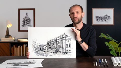 Dibujo arquitectónico urbano con tinta