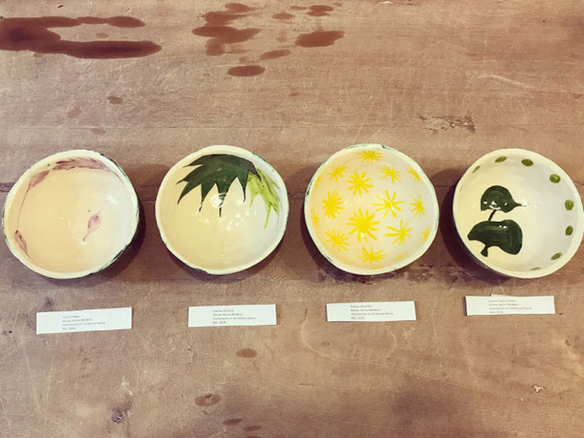 Intervención de cuencos Cerámicas García  Cuencos de cerámica pintados a mano con motivos de la flora del balneario de Santa 