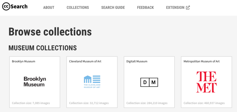 CC Search: Vista del buscador por sección (colecciones de imágenes de museos)
