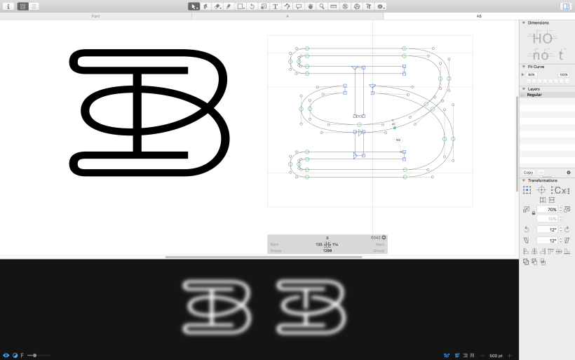 La vectorización se realizó en Glyphs, aplicación para el diseño de tipografías con un excelente manejo de curvas Bèzier.