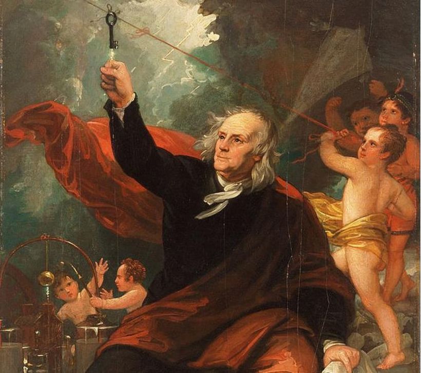 Picture of Franklin Roosevelt conducting an electricity experiment by Benjamin West