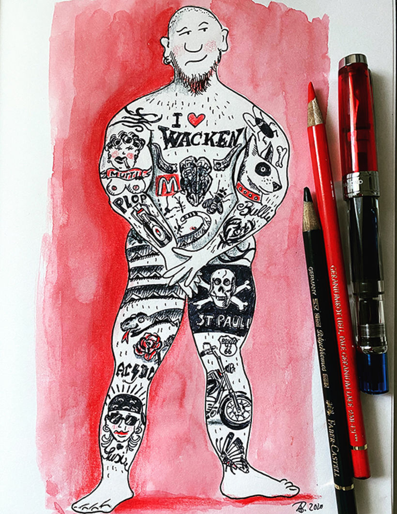 Draw a tattooed person. ("Wacken" is a famous german rock festival. Not my cup of tea, but perfect for my tattooed guy))