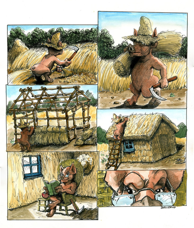 My project in Watercolor Coloring for Comics and Illustrations course: my take on the three little pigs -1