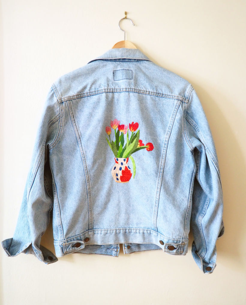 Embroidered tulips on vintage Levi's jean jacket - 2019