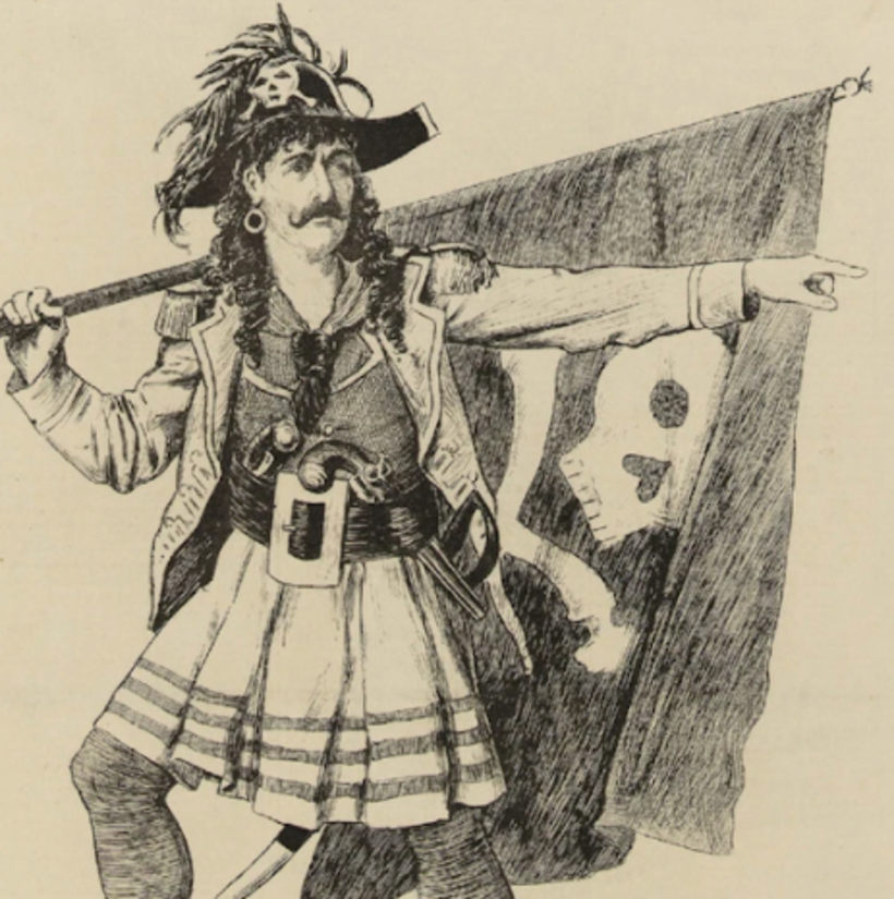 Dibujo del actor Richard Temple interpretando al Rey de los Piratas, por N. Stretch (1880) 