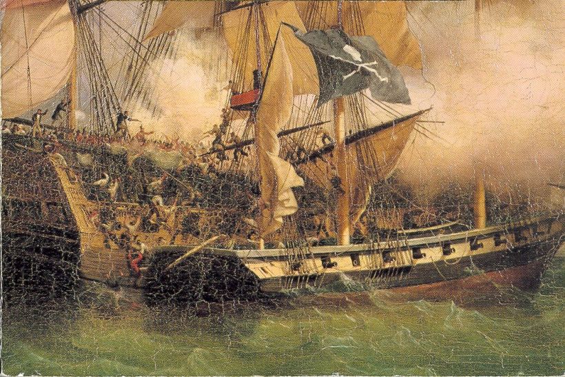 Piratas atacando una embarcación de mercaderes (posterior a 1852). Basado en La Prise du Kent par Surcouf de Ambrose Garneray