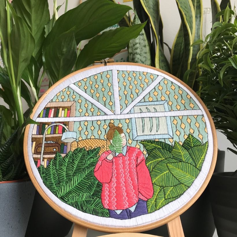 Girl and leaves embroidery 0