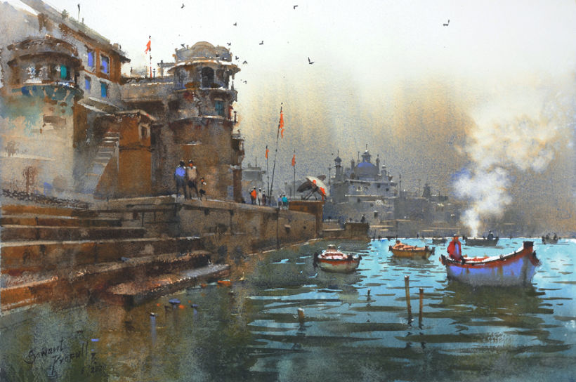 Winter Evening at Banaras -Watercolor on paper