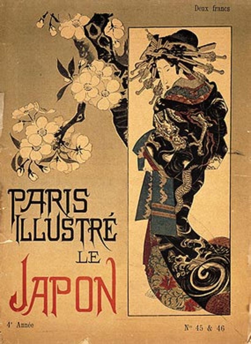 Página de Paris Illustré “Le Japón”, basada en una impresión de Keisai Eisen (1886)