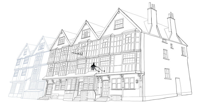 I created a far too neat drawing of the pub so once it was scanned in I played with the perspective and used this as a base