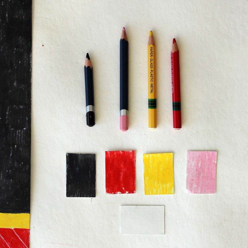 The tools and colour palette selected for the project. I worked on A4 paper size using coloured pencils