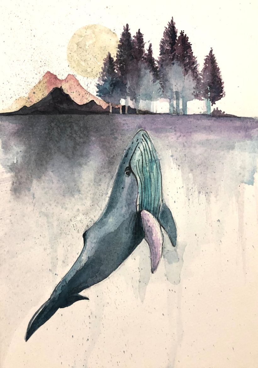 Watercolor Painting - The whale Below City -1