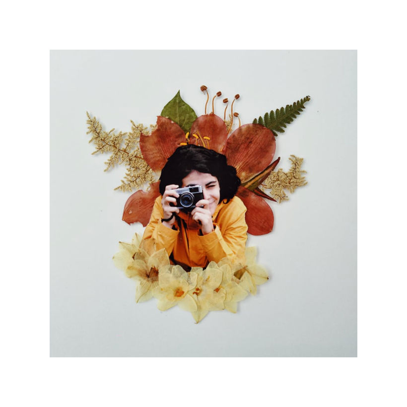 Collage análogo con plantas prensadas y fotografía. Para cliente en 2019. 