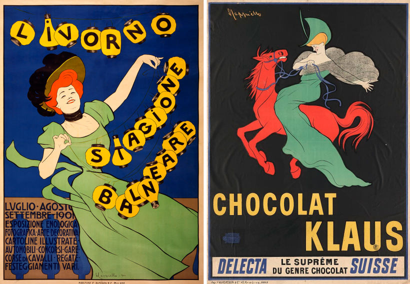 Carteles 'Stagione Balneare Livorno' y 'Chocolate Klaus', de Leonetto Cappiello