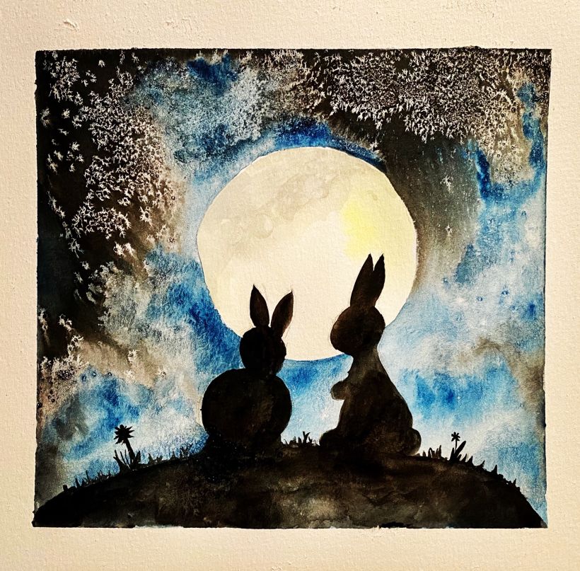 Bunnies in the moonlight with galaxy sky 