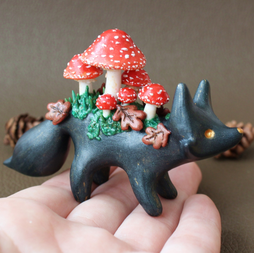 Mushroom Foxes in Polymer Clay